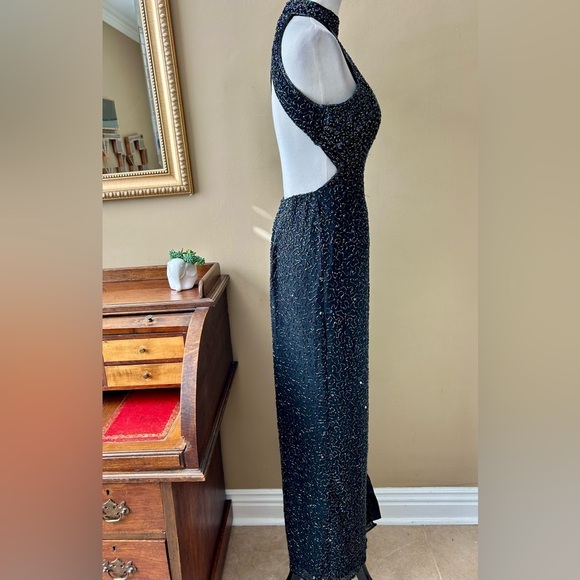 Vintage 90's Cache Black Silk Beaded Sequin Halter Gown Maxi Dress Size Large - Picture 9 of 16